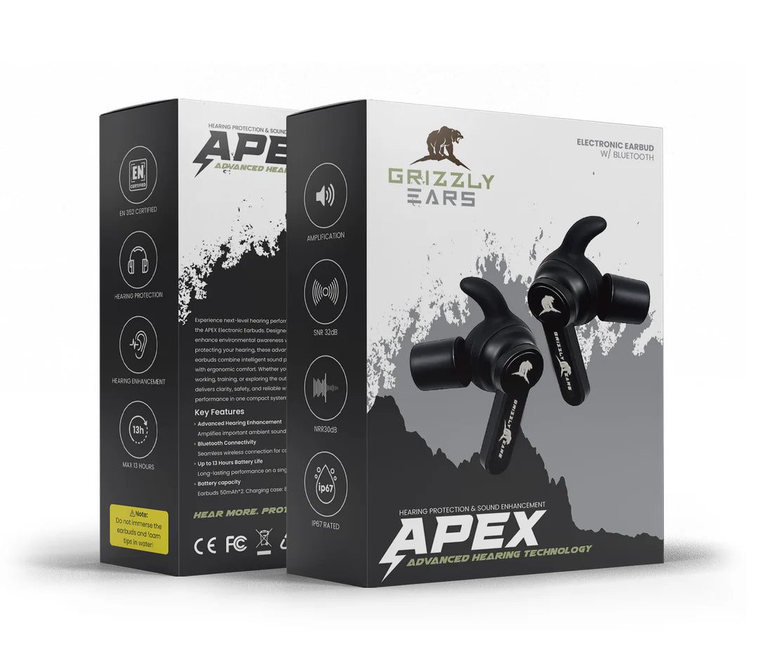 Grizzly Ears APEX – aktivt in-ear-hörselskydd med öronproppar och tillbehör