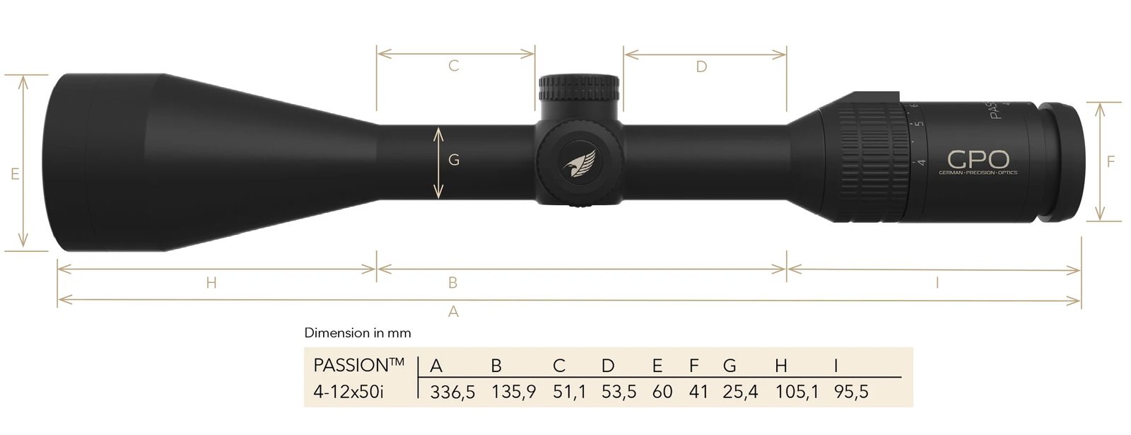 Måttskiss för GPO PASSION 3X 4-12x50i – längd 333 mm, höjd 43,4 mm